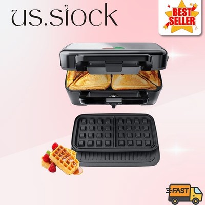 3-in-1 Sandwich & Waffle Maker 1200W - 5 Gear Temp Control, Removable Plates