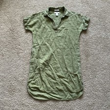 EUC H by Halston Green Shirt Dress Sz M Button Cuff Sleeves 100% Linen