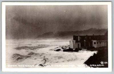 RPPC Storm at Cannon Beach Oregon High Tide, Ecola Inn EKC Postcard 1930-50