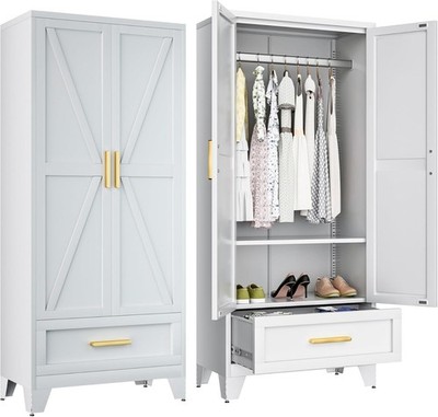 MY 71'' Metal Wardrobe Closet Armoire With Hanging Rod And Drawer For Bedroom