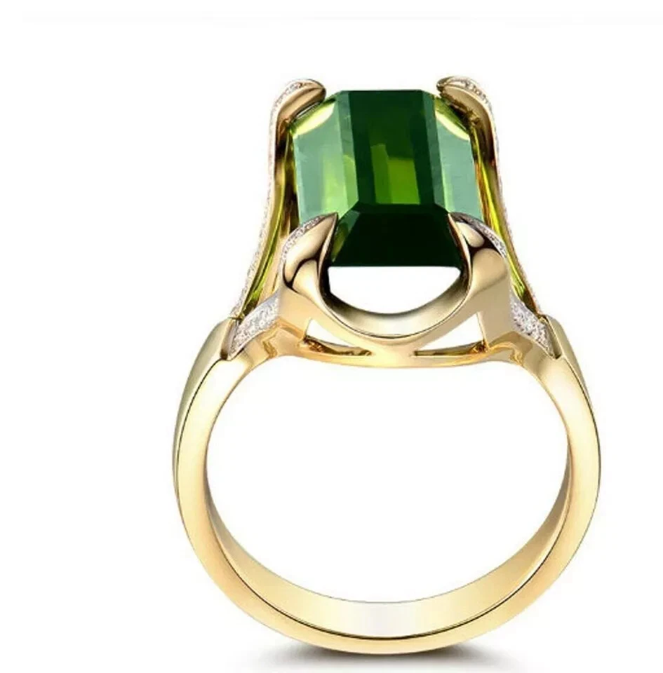 Anillo de compromiso de peridoto verde corte esmeralda genuino de 2 quilates enchapado en oro amarillo de 14 quilates Foto 4 de 4