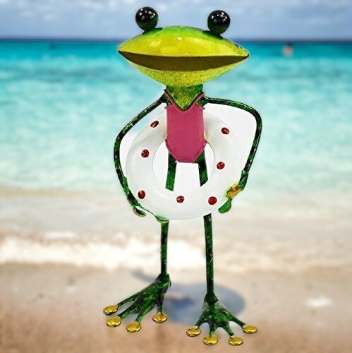 Charming Metal Frog Figurine with Tie and Lifesaver Whimsical Garden Decor - Picture 1 of 2