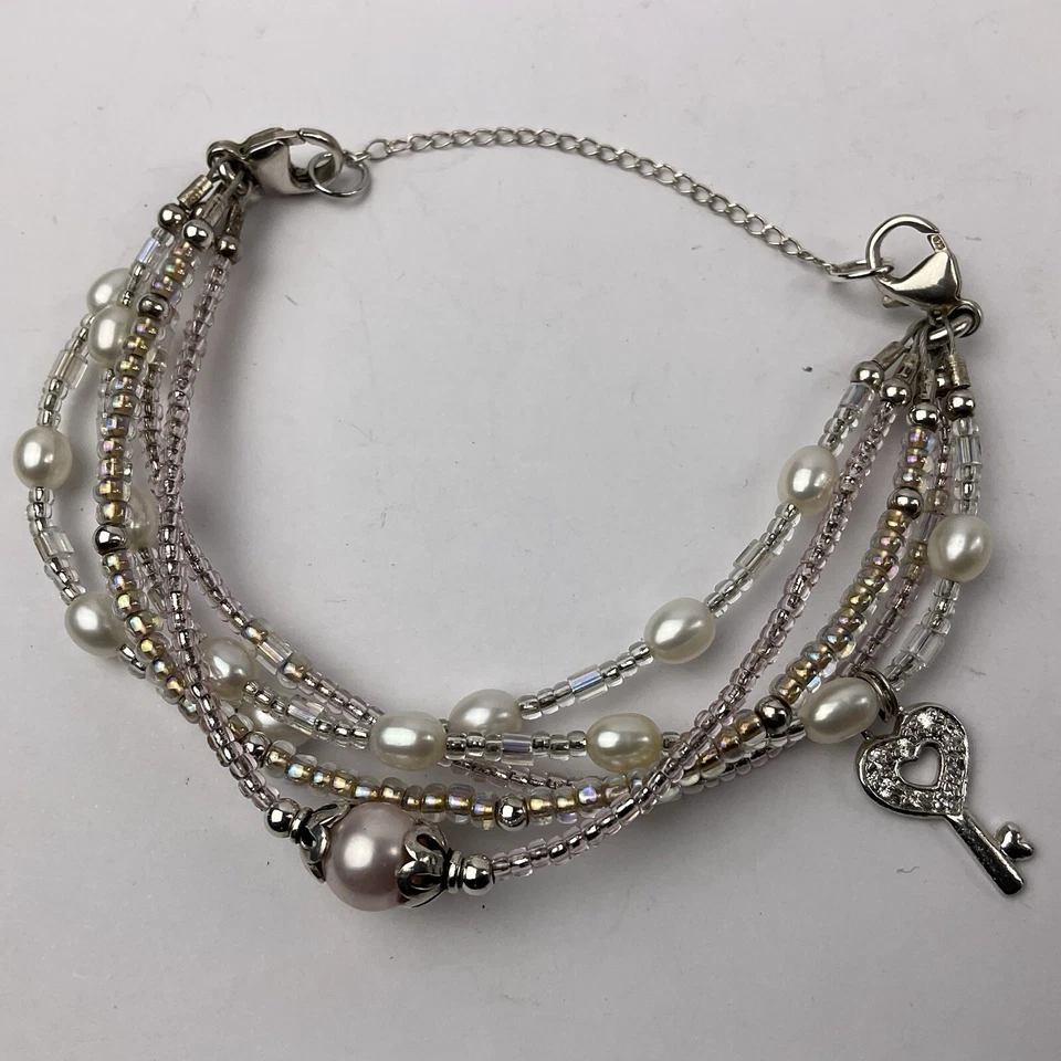 Pulsera Multi Hilo Dije Llavero Corazón 8 Circonitas Plata Esterlina Perla Rosa Real De Colección Foto 2 de 4