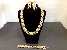 80's Gold Toned Ribbed Chevron Parure-Unsigned READ Issue