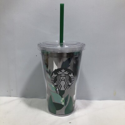 Starbucks Chrome/Green Floral Insert Double Wall Plastic Cold Cup Tumbler  16oz | eBay