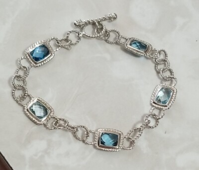 Ross Simons Sterling silver checkerboard blue topaz toggle Tennis Bracelet 