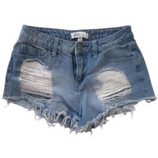 Light Wash Denim Jean Shorts Size Small Distressed Rips High Rise Waist Fringe