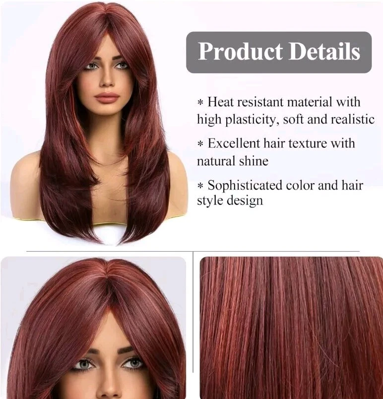 US 24 pulgadas Cosplay Peluca con flequillo Mujeres Cabello Sintético Moda Uso Diario Vino Tinto Foto 3 de 4