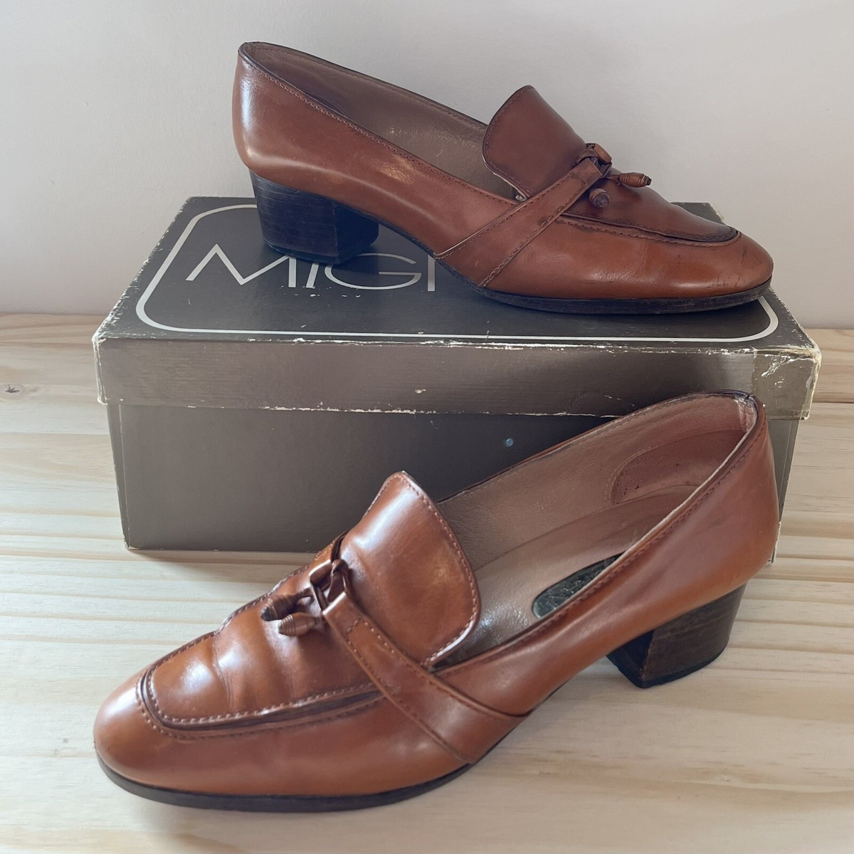 Vintage Size 7 Mignani Brown Leather Loafers Stacked Heel  display picture 1