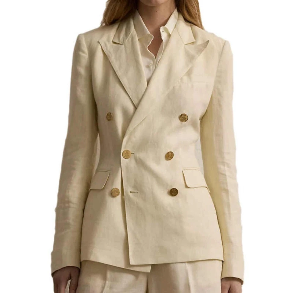 Women Linen Beige Double Breasted Suit Peak Lapel Jacket Breathable Light Casual - Image 4 of 4