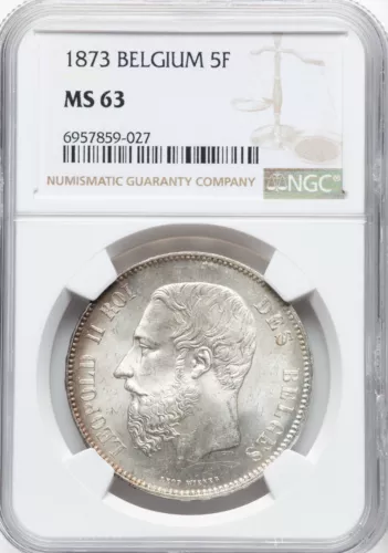 BELGIUM , SILVER 5 FRANCS 1873 - NGC MS 63,,, RARE88