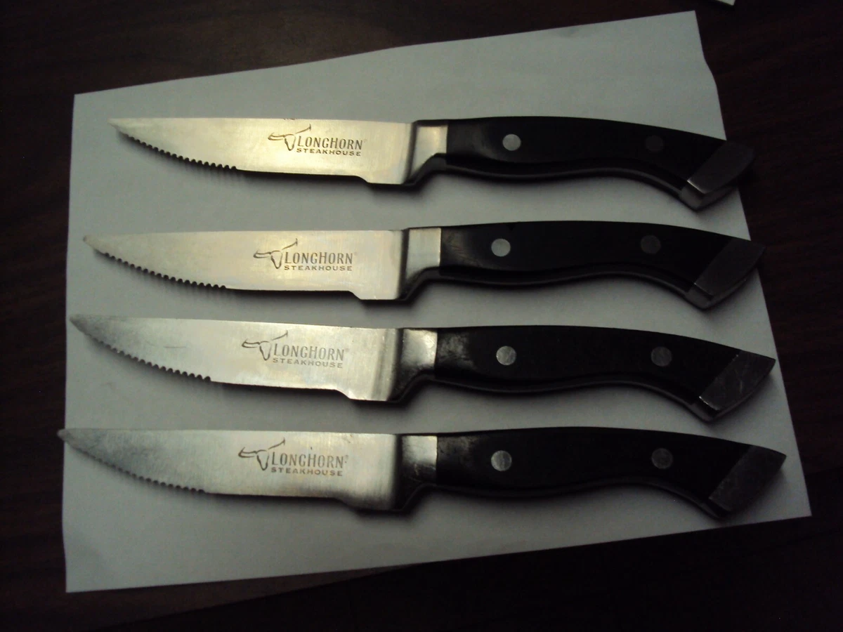 Four LONGHORN STEAKHOUSE Steak Knives, heavy weighted, w/ Logo, Serrated  10.75