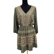 Savanna Jane Boho Flare Embroidered Olive Green Tiered Dress Size Med Bohemian