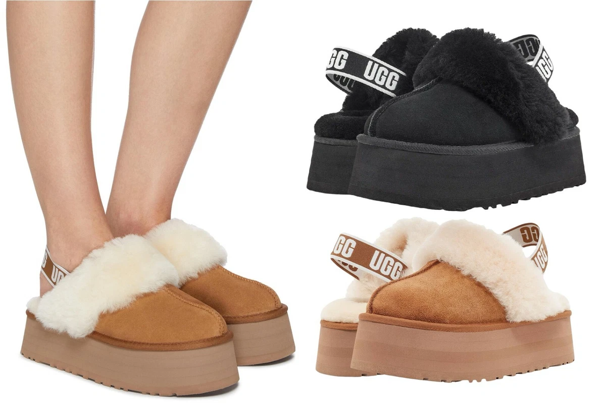 100% UGG Women's Shoes Funkette Slippers High Platform Sandal Black Chestnut