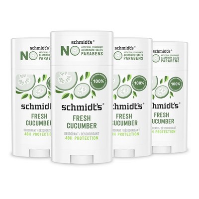 Schmidts Aluminum-Free Vegan Deodorant Fresh Cucumber 4 Count for Women and M...