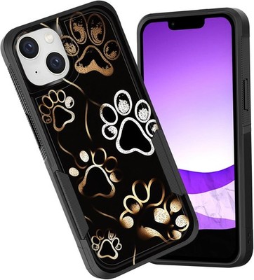 iPhone 15 Shockproof Case Black Gold Paw Print Dual Layer Protective Cover