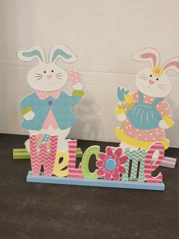 Vintage 3 Wooden Easter Tabletop Figures, 2 Rabbits, Happy Easter Sign Preowned