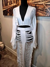 Nwt AKIRA White Distressed Fringe Knit Two-Piece Coverup Set Size L 103