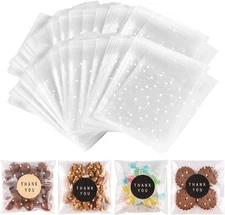200PACK Self Sealing Cellophane Treat 4x4 Inch (Pack of 200), White Polka Dot 