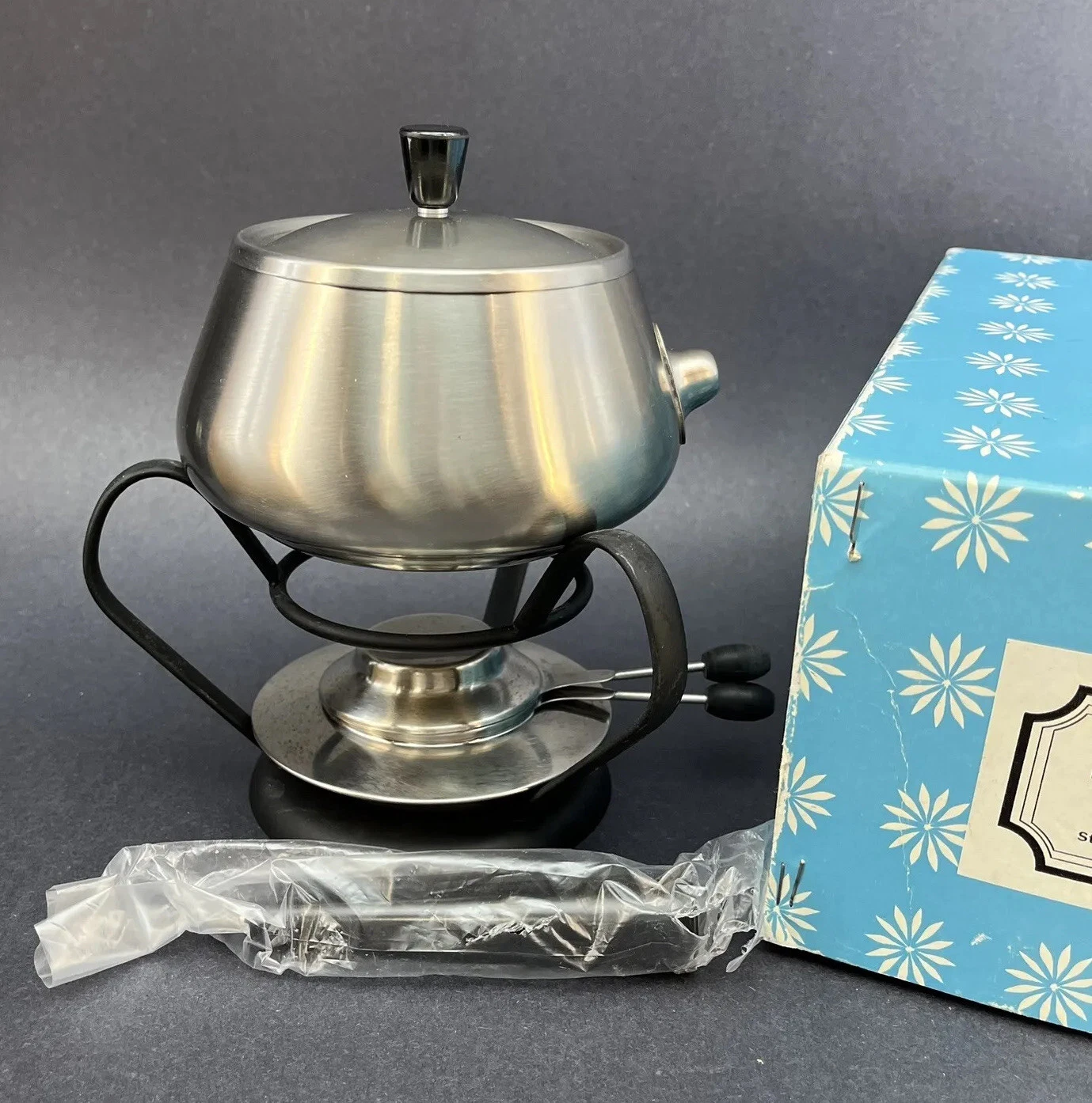 New Vintage Haddon Hall Gourmet Fondue Pot Stainless Steel Warmer MidCentury MCM