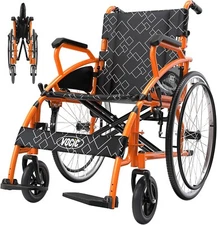 Lightweight Foldable Transport Wheelchair, Double-Brake, 23.6-Inch Large Rear