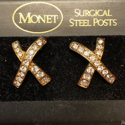 Monet Crystal Rhinestone Studded X Gold-tone Earrings | NEW on Card