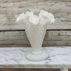 Vintage Fenton White Milk Glass Hobnail Ruffled Ruffle Crimped Rim Vase 4" Tall