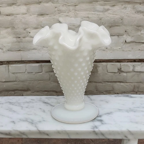 Vintage Fenton White Milk Glass Hobnail Ruffled Ruffle Crimped Rim Vase 4" Tall