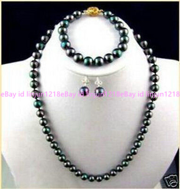 100% Real 8mm Black Shell Pearl Necklace Bracelet Earring 18/7.5 in Set