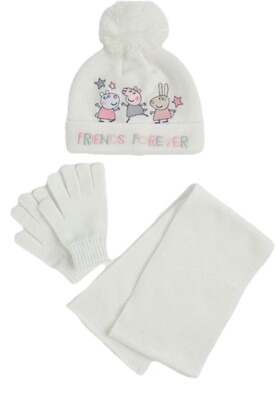 Peppa Pig Pc Cream Bobble Hat Gloves Scarf Set 4-6 Years UK