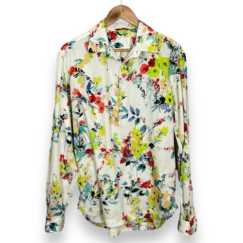 Blusa Barena Floral Blanca Medio Abotonada Mangas Largas Talla 52 Mujer Algodón Top