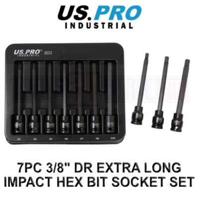 US PRO Industrial 7pc 3/8'' DR Extra Long Impact Hex Bit Socket Set H3 - H10 3653
