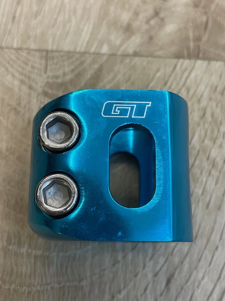 NOS GT BMX Alloy Seat Clamp 2-bolt Blue color & transparent GT grips w/cap Combo - Image 2 of 4