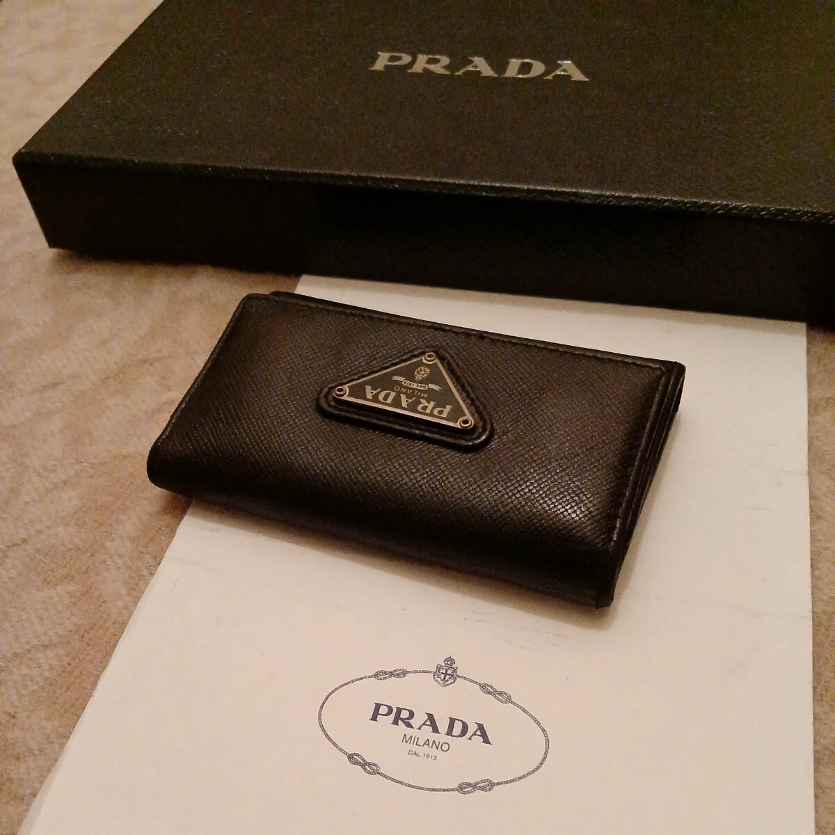 PRADA Saffiano Leather Key Case 6 Keys Black Triangle Logo Calf Leather Unisex