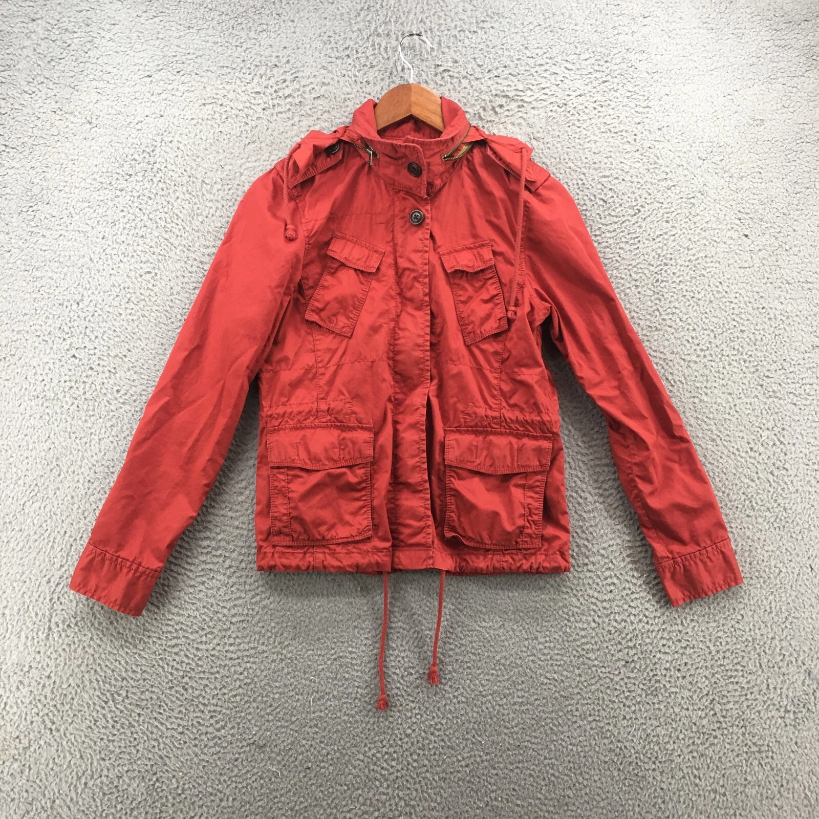 Eddie Bauer Hoodie Utility Jacket Womens Small Orange Cotton Pockets Long Sleeve