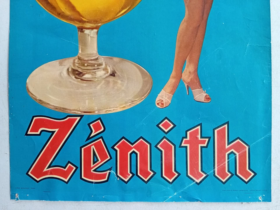 Ancienne affiche publicitaire Bière ZÉNITH brasserie de Marseille - femme PIN-UP - Photo 3/4