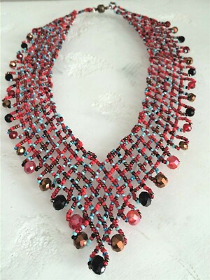 Artist Czech Glass Bead TURQUOISE, RED  Cascade Bib ''V'' NECKLACE 20''