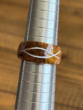 Handcrafted Wooden Whiskey Barrel White Inlay Ichthys Symbol Ring Size 8.75