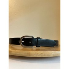 90s Black Genuine Leather USA Made Silver Brass Buckle Belt Size Small