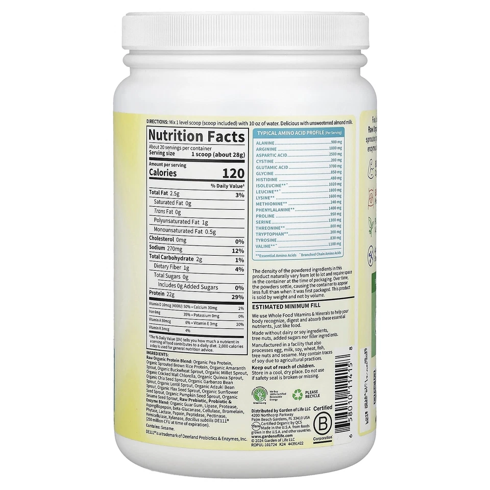 Garden of Life,RAW Organic Protein,Organic Plant Formula, Unflavored,1.25 lbs, - Image 2 of 2