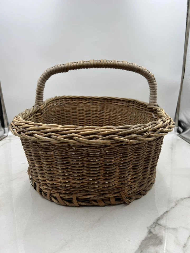 Large Oval Wicker Market Basket with Handle Rustic Farmhouse Storage Rattan - Image 2 of 4