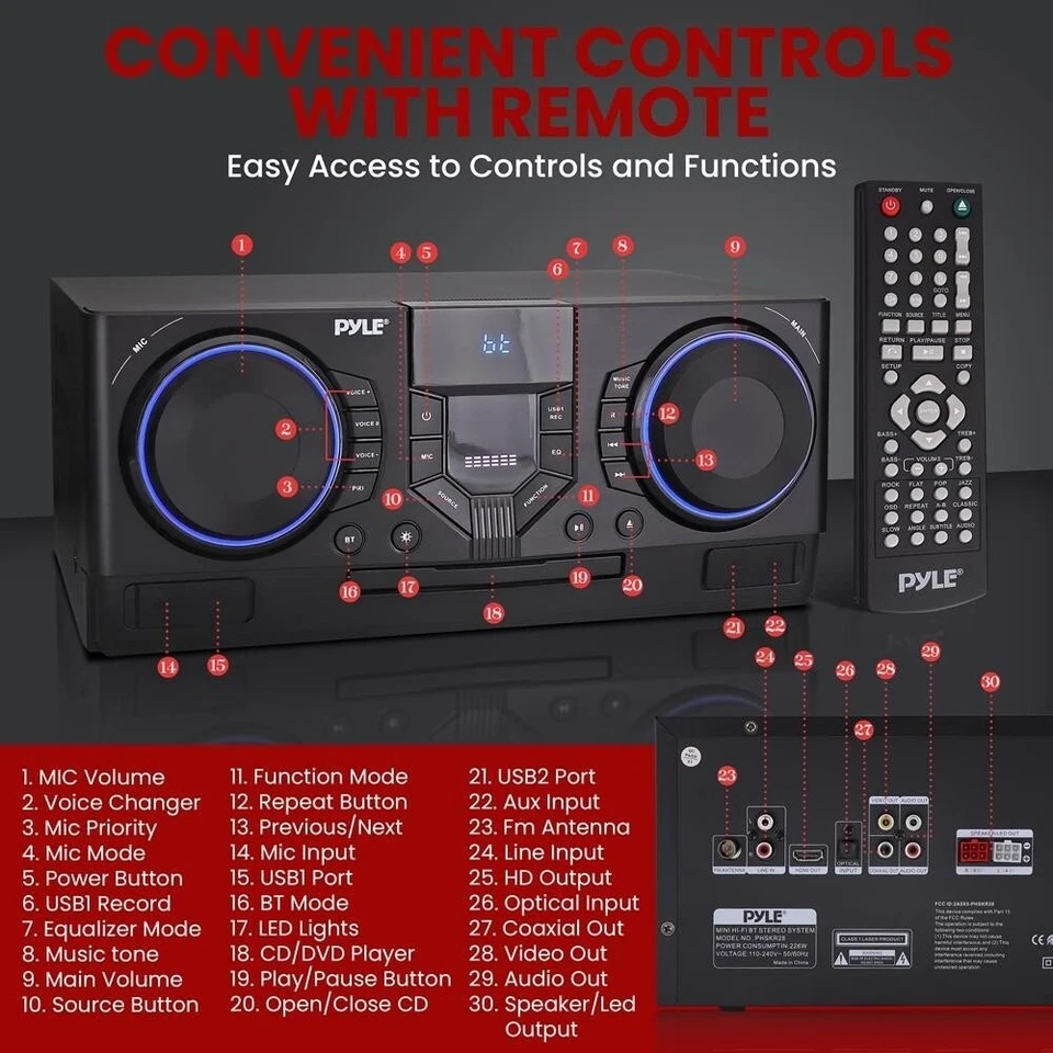 Pyle 3-Piece Mini Hi-Fi BT Stereo System with MP3, USB, FM Radio (black) - Image 2 of 4