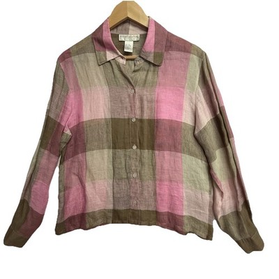 Doncaster 100% Linen Blouse Womens 6 Pink Tan Plaid Button Up Lightweight