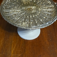 Pressed Glass Round Pedestal Cake Stand Plate, Clear Starburst Pattern