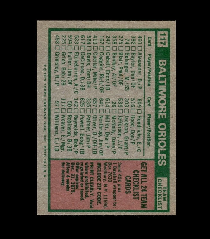 1975 Topps Mini Set-Break #117 Baltimore Orioles NM-MT OR BETTER *GMCARDS* - Image 2 of 2