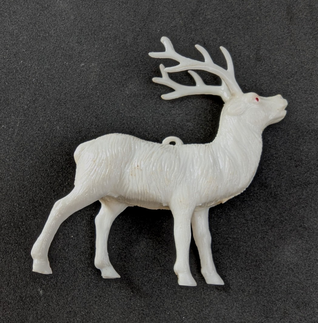 Vintage 1950s Hard Plastic White Reindeer  Christmas Ornament Decoration 3.5