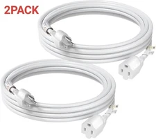2Pack 8 Feet Heavy Duty Extension Cord/Wire Power Cable 6/3 UL Listed, White