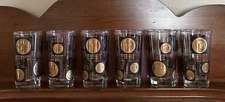 Gold Coins Cocktail Bar Beverage Glass Set 6 Vintage Tumblers US Italy France ++