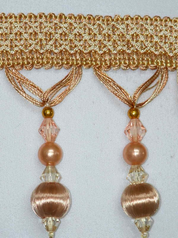 5 Yards - 3.5" width Tassel Fringe Trim  Crystal Beads Ball Gold Peach Color