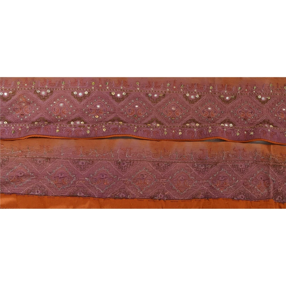 Sanskriti Vintage 1 Yd Sari Border Hand Beaded Craft Trim Sewing Brown Lace - Imagem 4 de 4